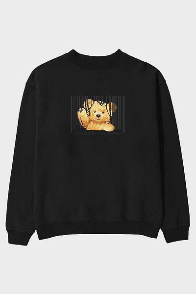 Ankhises Ursuleț de pluș Hello Front Printed Negru Oversize Hanorac Bărbați Femei Gât Crew