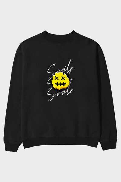Ankhises Smile Emoji Front Štampano Crna Oversize kroj Dukserica Muškarci Žen...