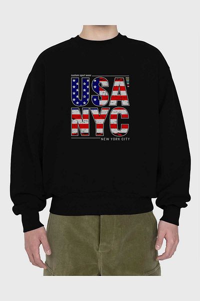 Ankhises Hanorac oversize negru cu imprimeu în față USA NYC, bărbați, femei, cu gât crew