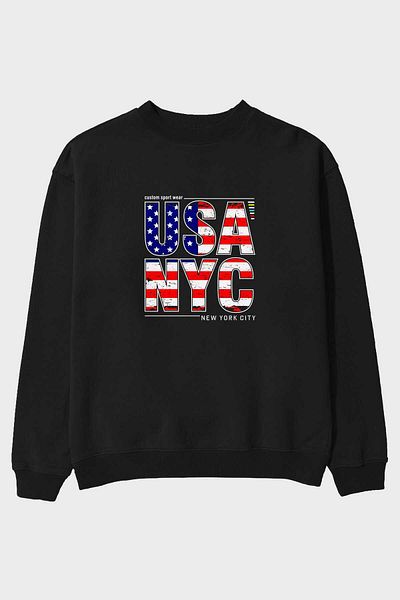 Ankhises Hanorac oversize negru cu imprimeu în față USA NYC, bărbați, femei, cu gât crew