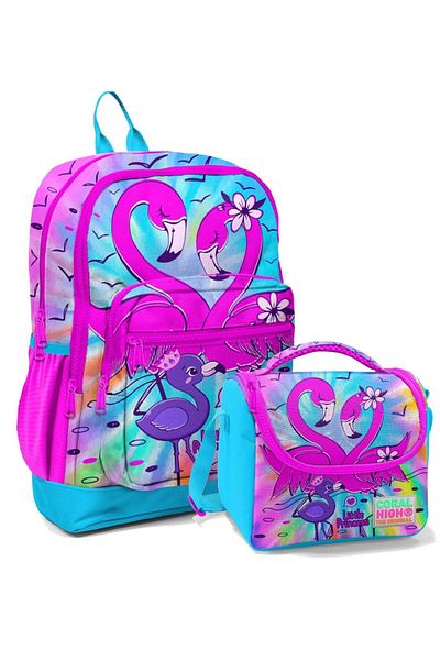 Coral High Set rucsac și geantă de prânz pentru fetiță, albastru, roz, flamingo