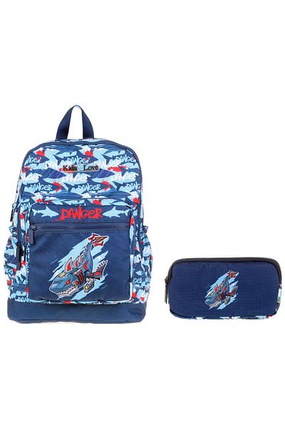 KAUKKO Kids&love Blue Shark Set geantă și suport pentru stilou pentru școală primară - băiat