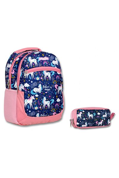 ÜMİT ÇANTA Set școală primară Cennec Unicorn Blue Pink - Rucsac și suport pentru creion pentru fete