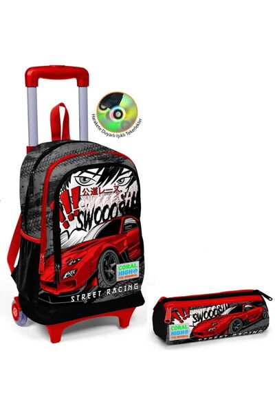 Coral High Boy's Black Red Race Wheeled School Bag and Pen Holder Set