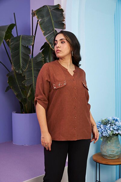 RMG Large Size Brown Shirt with Pocket Cover Stone Detail