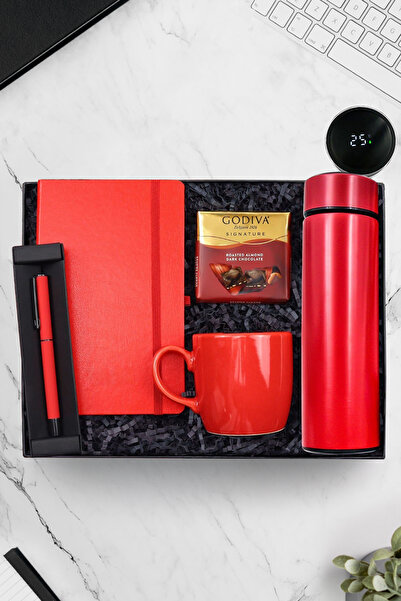 Trendmiya Kırmızı Dereceli Termos & Kırmızı Defter & Roller Kalem & Godiva Çi...
