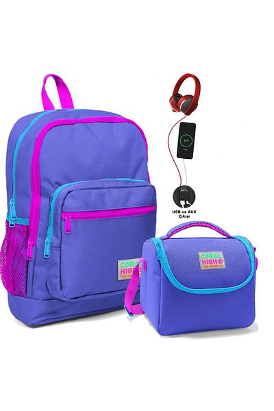 Coral High Set ghiozdan și cutie de prânz - Fata Mov - Cu Priză USB