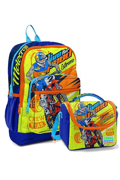 Coral High Set rucsac și geantă de prânz pentru școala primară - băiat de motocicletă galben albastru