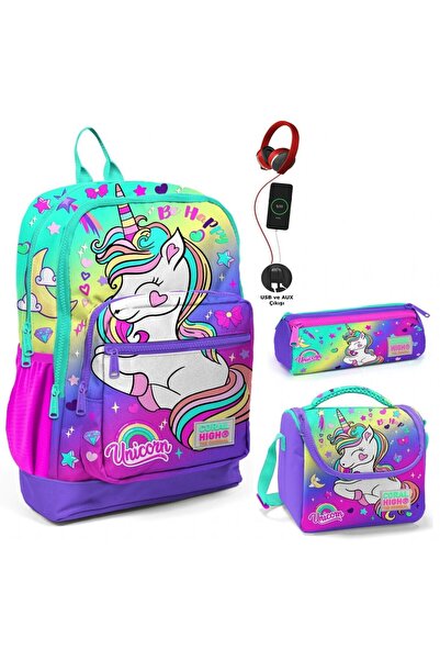 Coral High Su Yeşili Lavanta Unicorn Usb Soketli Üçlü Ilkokul Çanta Seti - Kı...