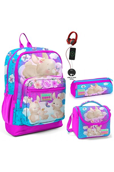 Coral High Pembe Mavi Tavşan Usb Soketli Üçlü Ilkokul Çanta Seti - Kız Çocuk