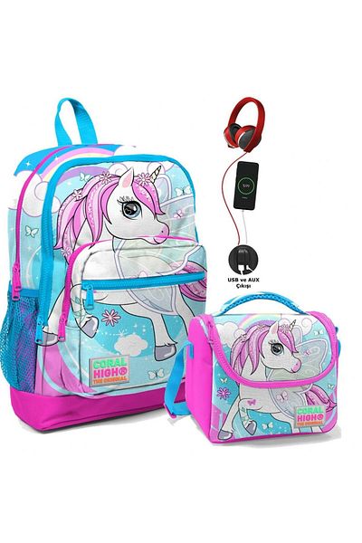 Coral High Set de școală și cutie de prânz Blue Unicorns cu priză USB