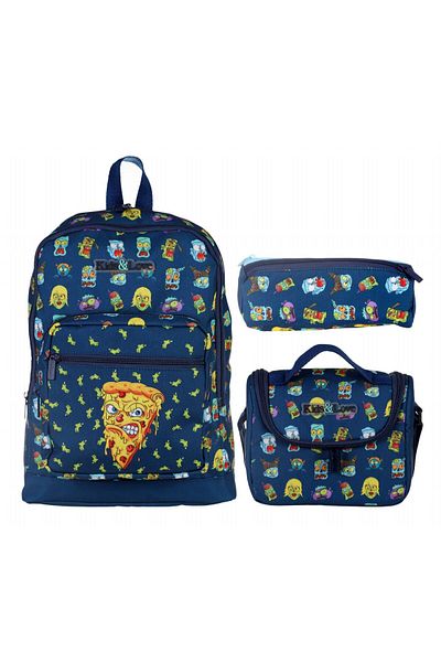 KAUKKO Set de genți pentru școală primară Kids&love bleumarin Zombie Pizza - Băiat