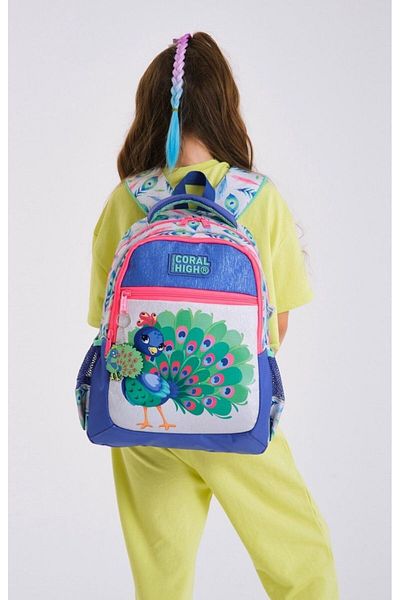 Coral High Set rucsac și geantă de prânz pentru școală cu păun albastru verde - fetiță