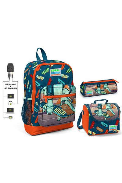 Coral High Skateboard Printed Boy's Primary School Bag Set - USB Port