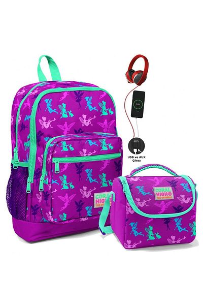 Coral High School Bag and Lunch Box Set - Girl's Purple Fairy - With USB Socket