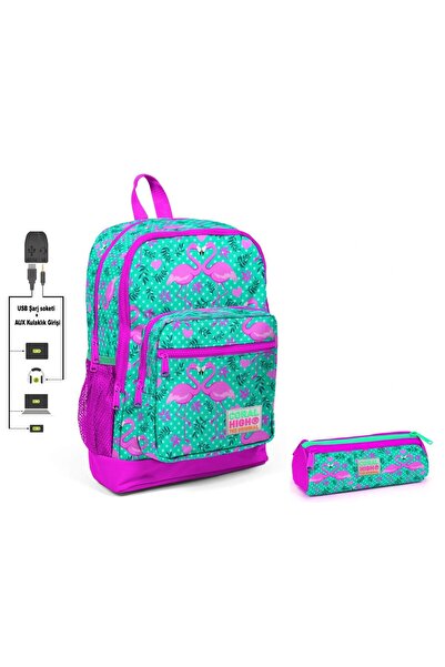 Coral High Зелений рюкзак для початкової школи з принтом фламінго та набір пе...