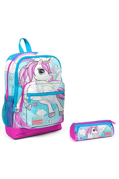 Coral High Set rucsac și suport stilou pentru școală elementară - imprimat cu unicorn albastru