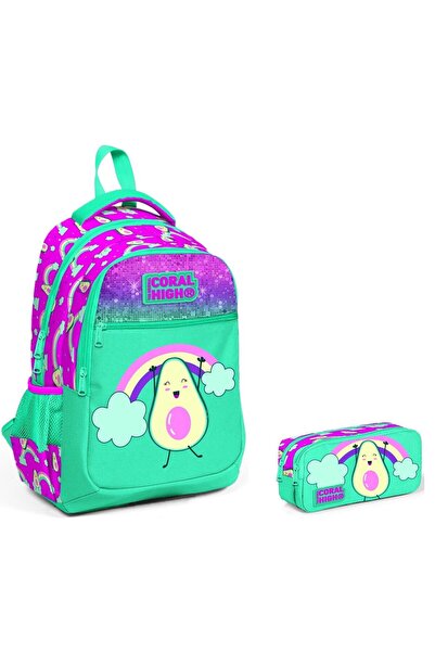 Coral High Girl Glitter Primary School Bag And Pen Holder Set - Avocado