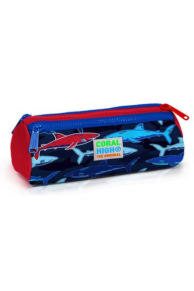 Coral High Μπλε-κόκκινο Shark Printed Τσάντα στυλό τριών διαμερισμάτων - Αγόρι