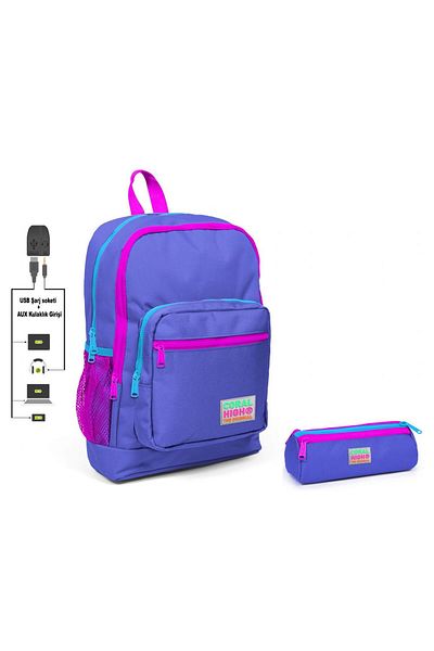 Coral High Set rucsac și pix pentru școală primară violet - fetiță - cu priză USB