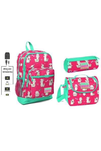 Coral High Usb Ve Aux Çıkışlı Okul Çanta Seti - Kız Çocuk - Lama Desenli