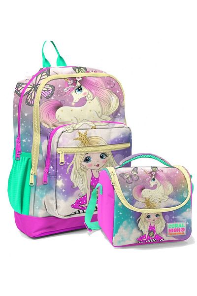 Coral High Set rucsac și geantă de prânz pentru școală cu unicorn verde apă roz - fetiță - patru compartimente
