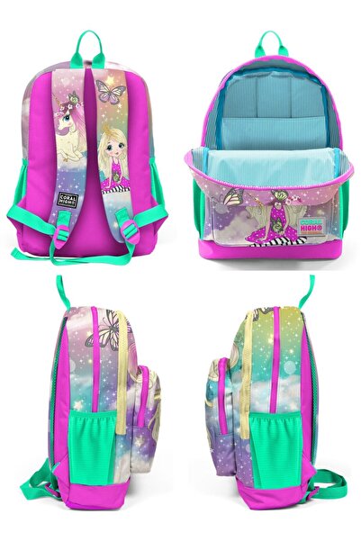 Coral High Pink Water Green Unicorn School Backpack and Lunch Box Set - Girl - Four Compartments