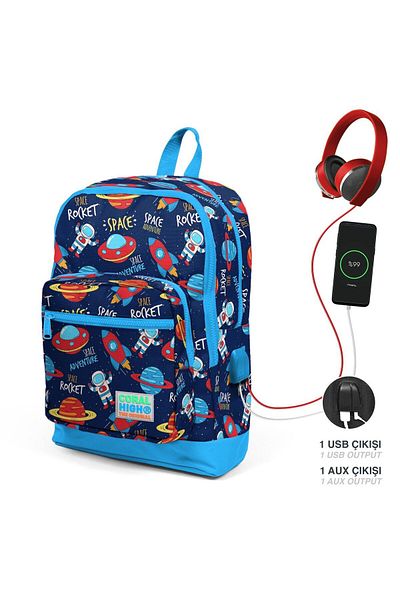 Coral High Set ghiozdan și cutie de prânz - Băiat Albastru Bleumarin Space - Cu Priză USB