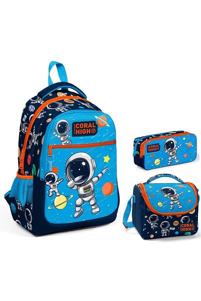 Coral High Set de genți pentru școală primară pentru băiat, albastru bleumarin, astronaut triplu