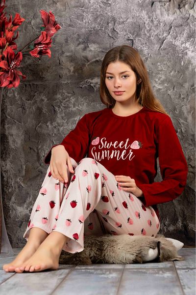 MEBA Women's Pink Claret Red Strawberry Pattern Long Sleeve Combed Cotton Pajama Set K803-179