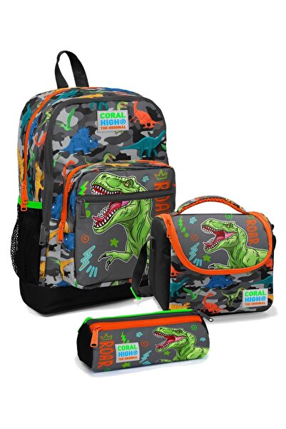 Coral High Ilkokul Çantası Seti Gri Yeşil Dinazor - Erkek Çocuk