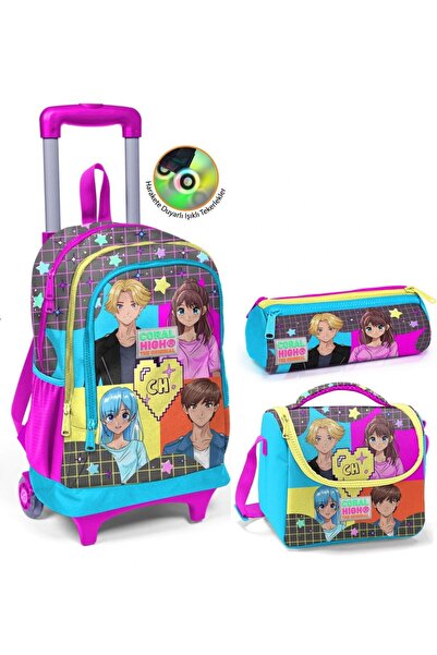 Coral High Mavi Pembe Anime Çekçek Okul Çantası Seti - Işıklı Tekerlekler - K...