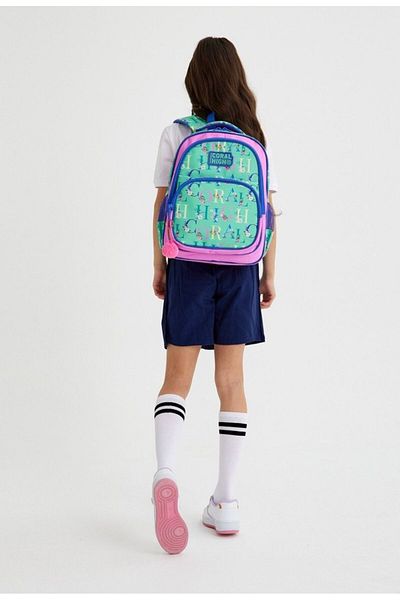 Coral High Set rucsac pentru școală primară cu trei ochi, verde deschis, roz, scris pentru fetiță