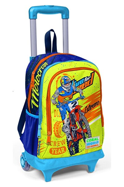 Coral High عربة دراجة نارية بعجلات مضاءة للمدرسة وحقيبة سفر للأولاد باللون ال...