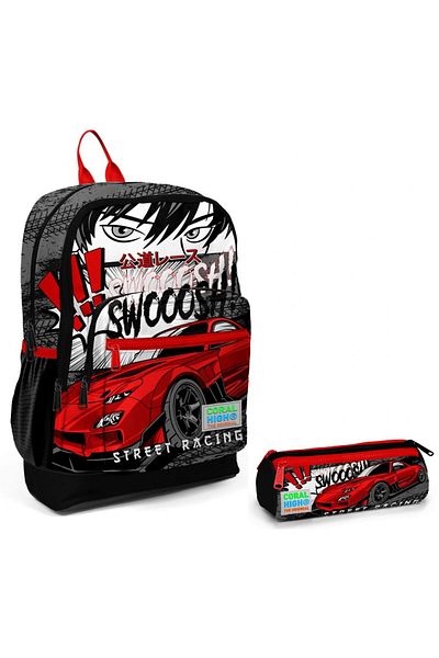 Coral High Black Red Car Primary School Backpack and Pen Holder Set