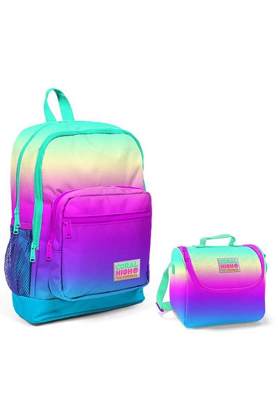 Coral High Colorful Printed Girl's Primary School Bag and Lunch Set