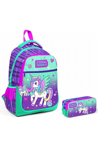 Coral High Set rucsac și pix pentru școală primară Pegasus verde violet