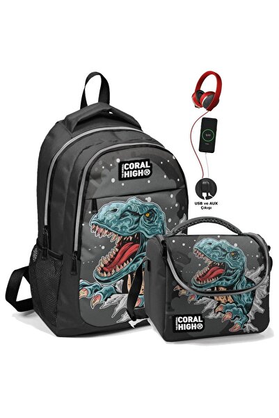 Coral High Rucsac de școală și set de geanți de prânz - Dinozaur negru pentru...