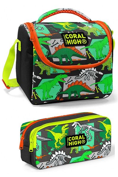 Coral High Set cutie de prânz pentru băiat verde negru Dinozaur