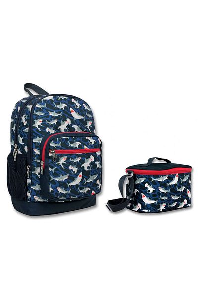 ÜMİT ÇANTA Cennec Four Compartment Navy Blue Red Shark Primary School Backpack and Feeding Set - Boy