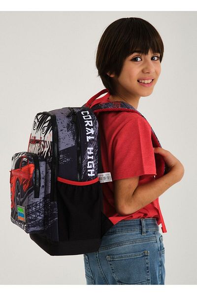 Coral High Black Red Car Primary School Backpack and Pen Holder Set