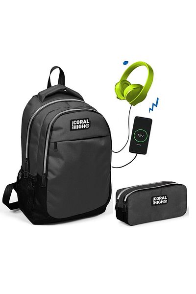 Yaygan Coral High Black-gray Boy's Primary School Bag and Pen Holder Set - With USB Socket