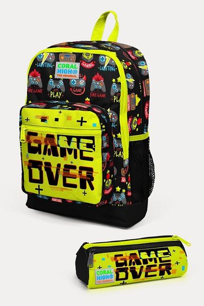 Coral High Set de geanți de școală din 2 piese pentru copii, negru neon, galben neon - băiat
