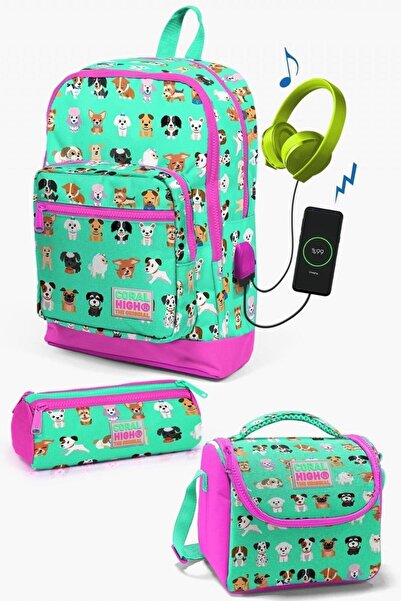 Coral High Kids Su Yeşili Neon Pembe Köpek Desenli Usb'li 3’lü Okul Çanta Set...