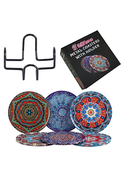 Gift Home 6 Lı Çini Desenli (OCEAN) Metal Bardak Altlığı Ve Metal Stand