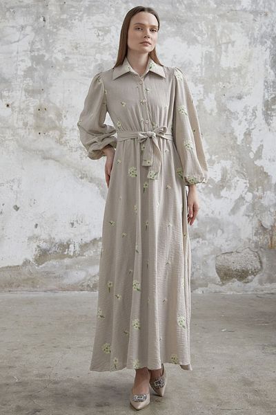 InStyle Floral Embroidered Linen Dress - Beige