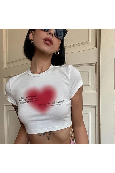 Touz My Vision Aesthetic Heart Printed White Crop