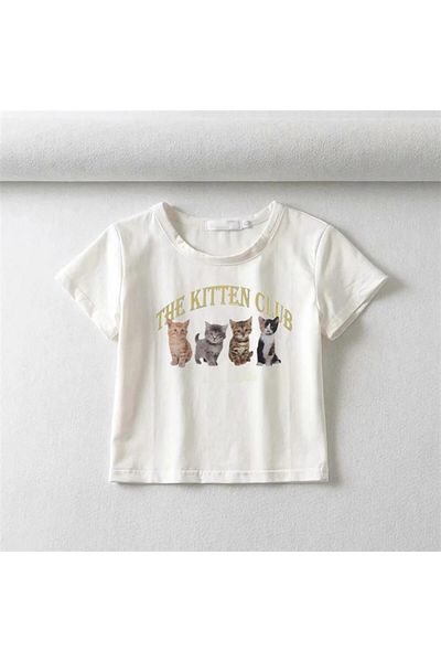 Touz My VISION - The Kitten Club Printed Crop Top White
