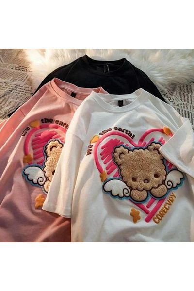 Touz Moda Unisex Λευκό μπλουζάκι Oversize - Ρετρό εμπριμέ αμβλύ αρκουδάκι
