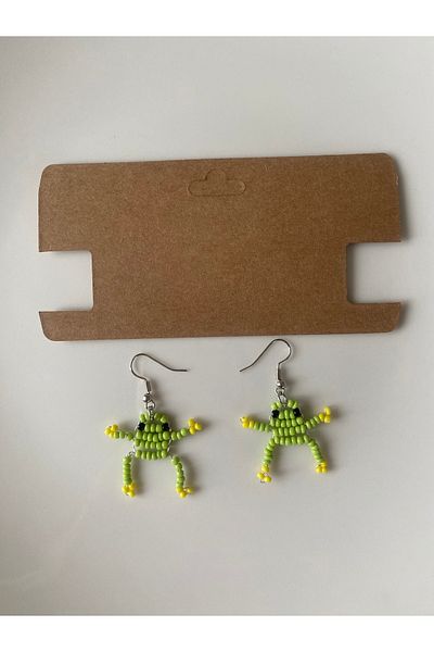 Stoneday Green Frog Silver Detailed Sand Bead Dangle Earrings